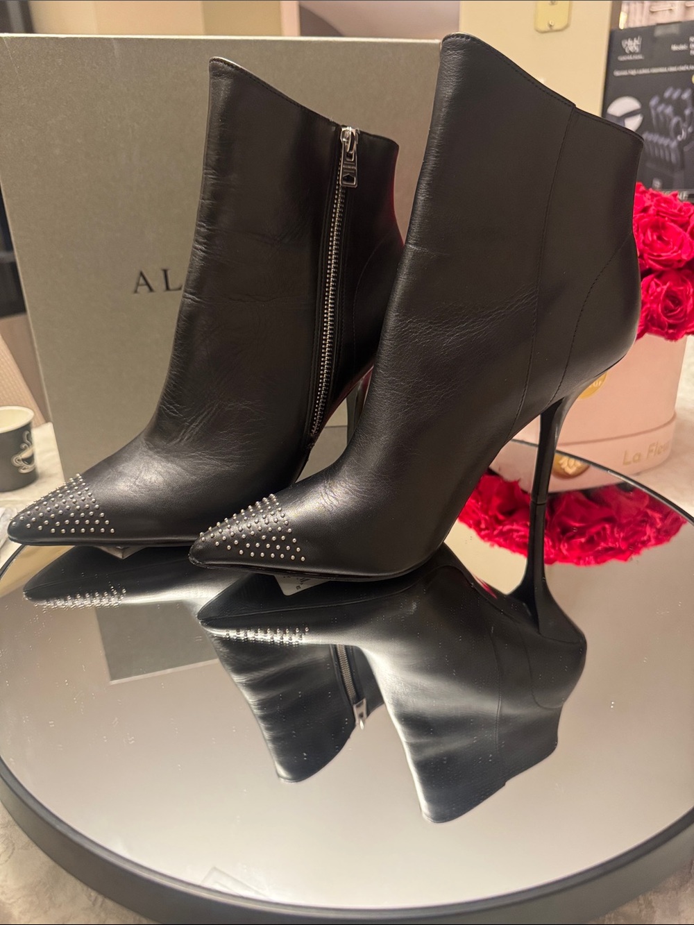 ALL SAINTS Pointed Toe Black Leather Stiletto Ankle Boots with Stud Detail